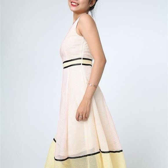 Anthropologie Maje Peach Colorblock Mesh Net Knit Midi Dress Size 2 - Picture 1 of 13
